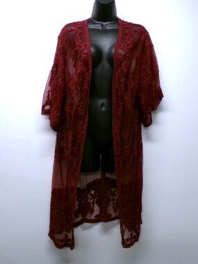 Anna-Kaci Kimono Duster One Size Burgundy Embroidered Floral Lace Sheer Boho
